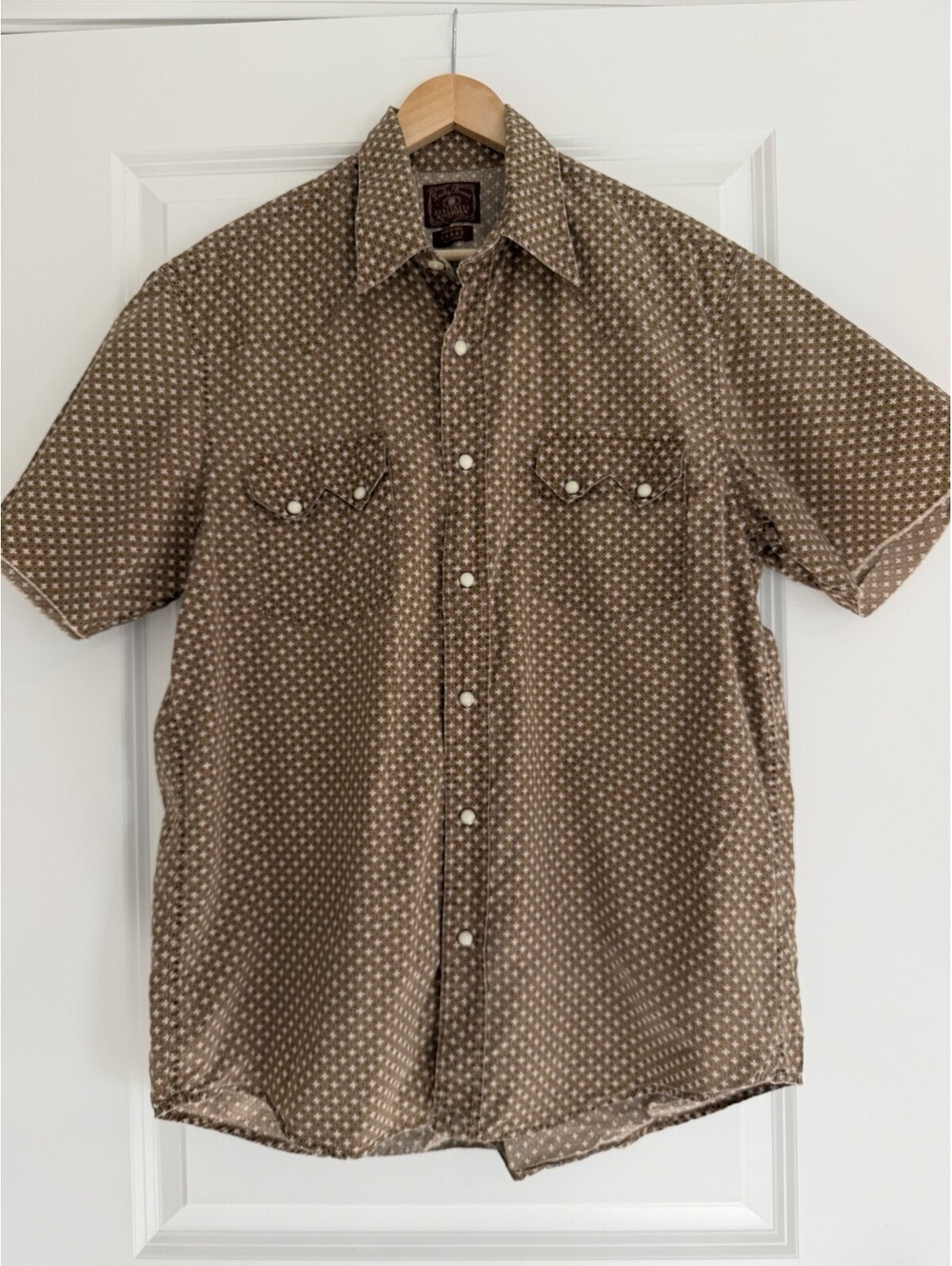 Lucky Brand Dungarees Western Pearl Snap Shirt Brown Geometric Print Size L